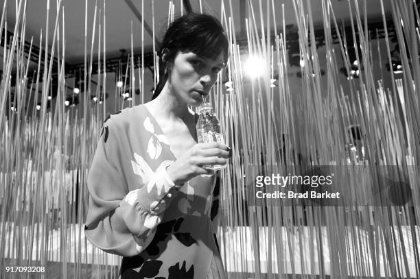Model drinks Evian water during the Tanya Taylor presentation in Gallery II during IMG NYFW: The Shows at Spring Studios on February 11, 2018 in New...