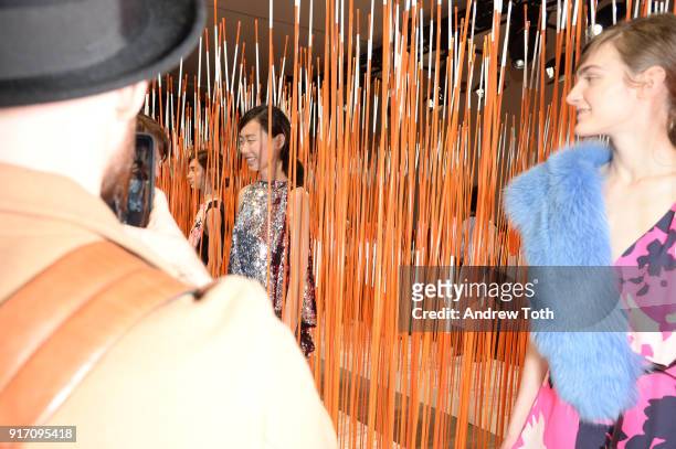 Model poses for Tanya Taylor presentation during New York Fashion Week: The Shows at Gallery II at Spring Studios on February 11, 2018 in New York...