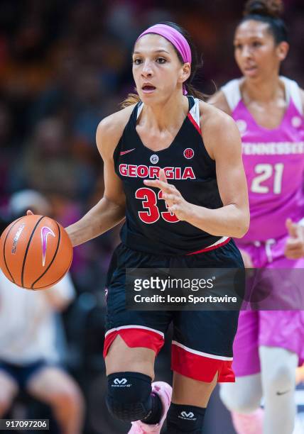 Georgia Bulldogs forward Mackenzie Engram brings the ball up court during a game between the Georgia Bulldogs and Tennessee Lady Volunteers on...