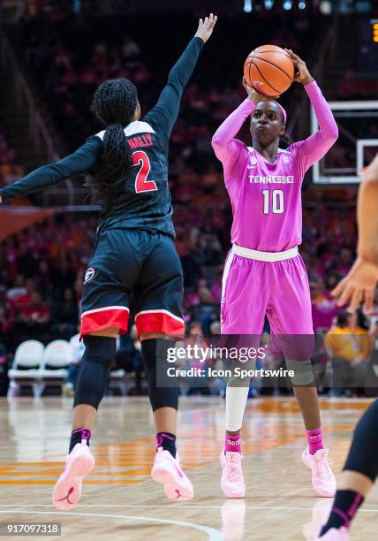 Tennessee Lady Volunteers guard Meme Jackson takes a shot over Georgia Bulldogs guard Gabby Connally during a game between the Georgia Bulldogs and...