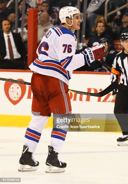 New York Rangers Defenceman Brady Skjei celebrates his shot being tipped by New York Rangers Left Wing Jimmy Vesey for the eventual game winning goal...