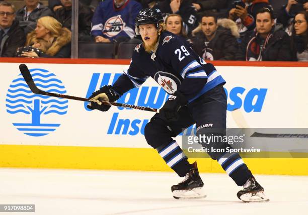 Winnipeg Jets Right Wing Patrik Laine skates up ice during a NHL game between the Winnipeg Jets and New York Rangers on February 11, 2018 at Bell MTS...