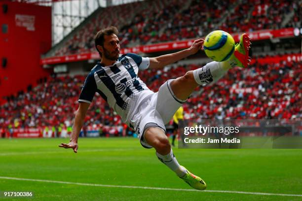 Jose Basanta of Monterrey kicks the ball during the 6th round match between Toluca and Monterrey as part of the Torneo Clausura 2018 Liga MX at...