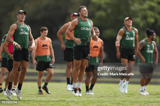 Sam Burgess and team mates warm up during a South Sydney Rabbitohs NRL training session at Redfern Oval on February 12, 2018 in Sydney, Australia.