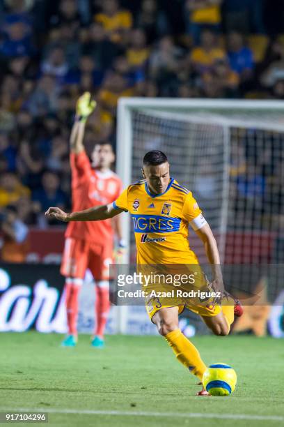 Juninho of Tigres kicks the ball during the 6th round match between Tigres UANL and America as part of the Torneo Clausura 2018 Liga MX at...