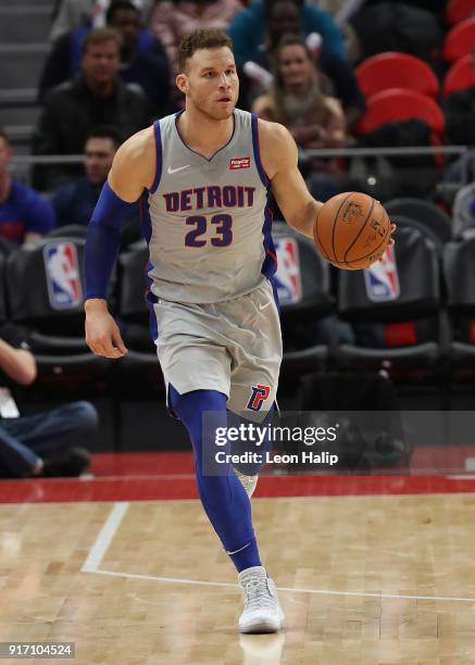 Blake Griffin of the Detroit Pistons brings the ball up the court during the third quarter of the game against the LA Clippers at Little Caesars...