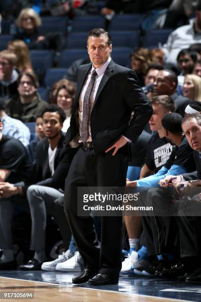 Head Coach David Joerger of the Sacramento Kings looks on during the game against the Sacramento Kings on February 11, 2018 at Target Center in...