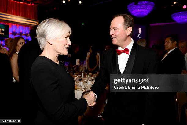 Glenn Close and U.S. Congressman Adam Schiff attend the 2018 Writers Guild Awards L.A. Ceremony at The Beverly Hilton Hotel on February 11, 2018 in...