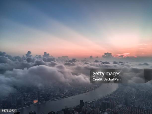 aerial view of shanghai lujiazui financial district in fog - lujiazui stockfoto's en -beelden