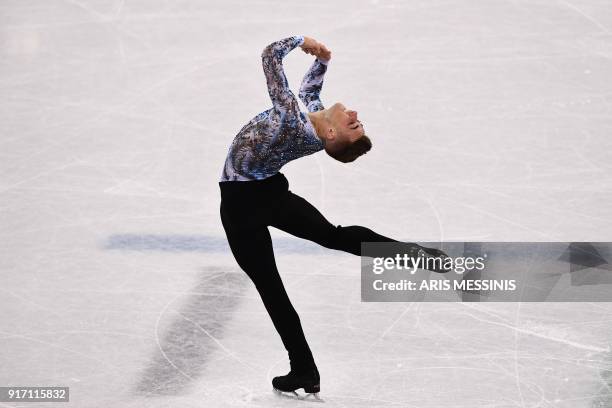 S Adam Rippon competes in the figure skating team event men's single skating free skating during the Pyeongchang 2018 Winter Olympic Games at the...