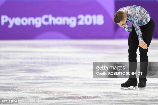 S Adam Rippon reacts after competing in the figure skating team event men's single skating free skating during the Pyeongchang 2018 Winter Olympic...