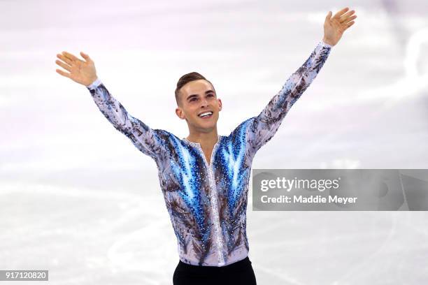 Adam Rippon of the United States of America celebrates after competing in the Figure Skating Team Event Men's Single Free Skating on day three of the...