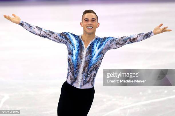 Adam Rippon of the United States of America celebrates after competing in the Figure Skating Team Event Men's Single Free Skating on day three of the...