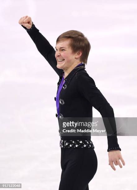 Mikhail Kolyada of Olympic Athlete from Russia celebrates after competing in the Figure Skating Team Event Men's Single Free Skating on day three of...