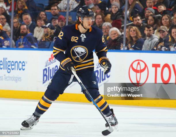 Nathan Beaulieu of the Buffalo Sabres skates during an NHL game against the St. Louis Blues on February 3, 2018 at KeyBank Center in Buffalo, New...