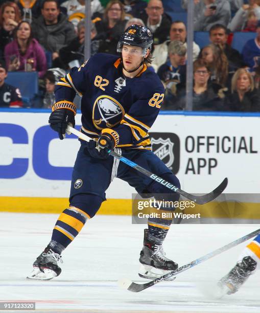 Nathan Beaulieu of the Buffalo Sabres skates during an NHL game against the St. Louis Blues on February 3, 2018 at KeyBank Center in Buffalo, New...