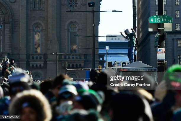 An Eagles fan flaps his wings atop of a SEPTA station during festivities on February 8, 2018 in Philadelphia, Pennsylvania. The city celebrated the...