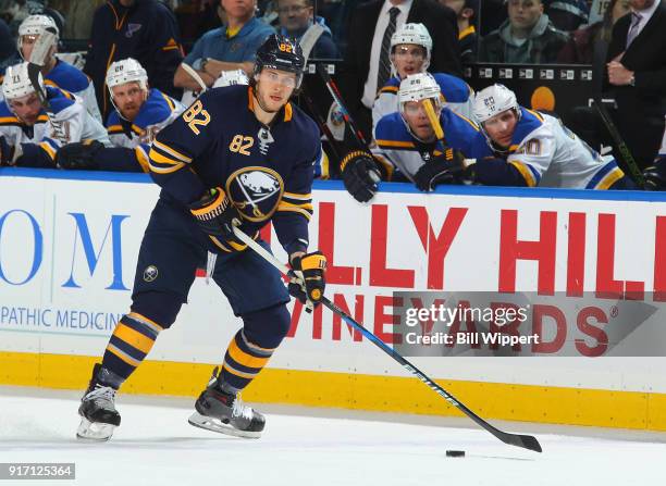 Nathan Beaulieu of the Buffalo Sabres skates during an NHL game against the St. Louis Blues on February 3, 2018 at KeyBank Center in Buffalo, New...