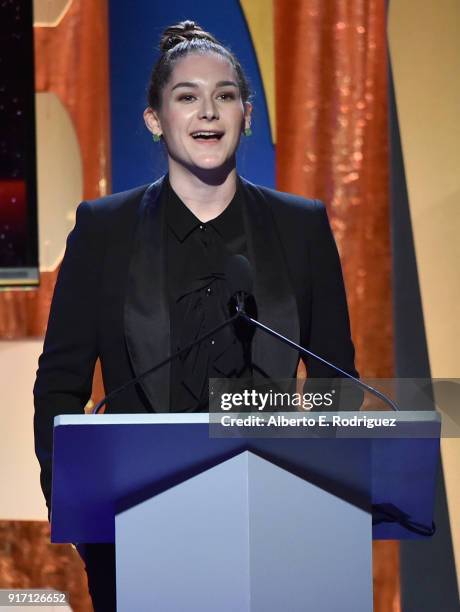 Writer Liz Hannah accepts the 2018 Paul Selvin Award for 'The Post' onstage during the 2018 Writers Guild Awards L.A. Ceremony at The Beverly Hilton...