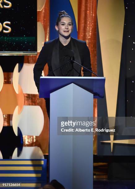 Writer Liz Hannah accepts the 2018 Paul Selvin Award for 'The Post' onstage during the 2018 Writers Guild Awards L.A. Ceremony at The Beverly Hilton...
