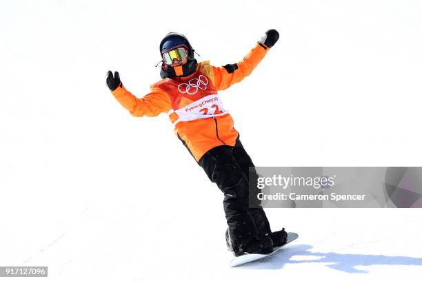 Cheryl Maas of the Netherlands reacts in the Snowboard Ladies' Slopestyle Final on day three of the PyeongChang 2018 Winter Olympic Games at Phoenix...