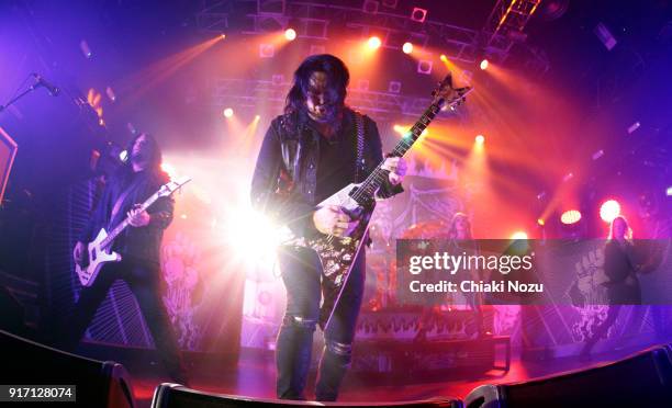 Sharlee D'Angelo, Michael Amott, Alissa White-Gluz and Jeff Loomis of Arch Enemy perform live on stage at KOKO on February 11, 2018 in London,...