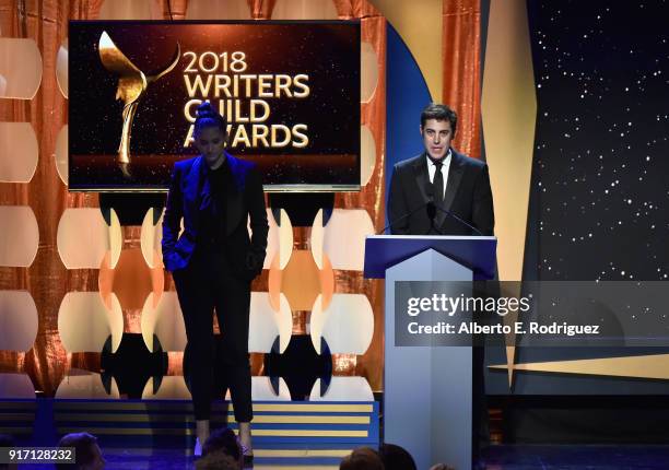 Writers Liz Hannah and Josh Singer accept the 2018 Paul Selvin Award for 'The Post' onstage during the 2018 Writers Guild Awards L.A. Ceremony at The...