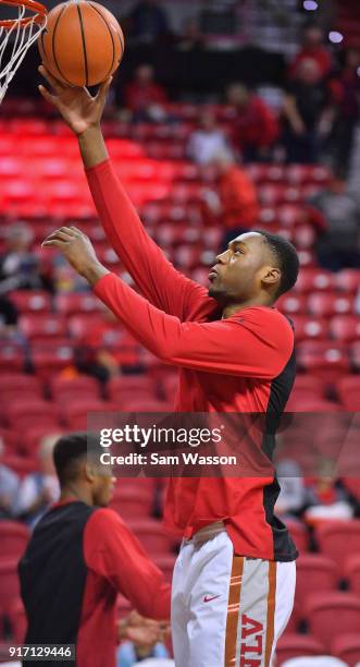 Brandon McCoy of the UNLV Rebels warms up before his team's game against the Wyoming Cowboys at the Thomas & Mack Center on February 10, 2018 in Las...