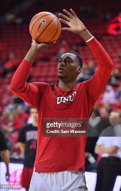 Brandon McCoy of the UNLV Rebels warms up before his team's game against the Wyoming Cowboys at the Thomas & Mack Center on February 10, 2018 in Las...