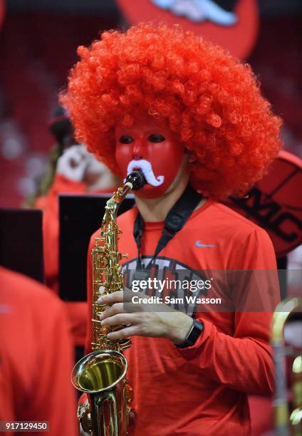 Member of the UNLV Rebels pep band performs before the team's game against the Wyoming Cowboys at the Thomas & Mack Center on February 10, 2018 in...