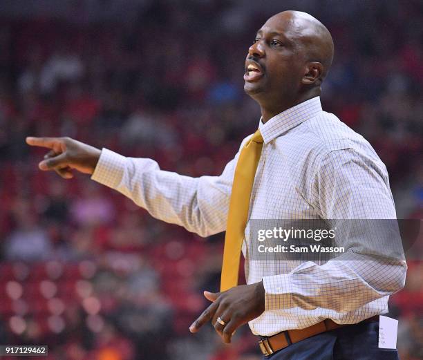 Head coach Allen Edwards of the Wyoming Cowboys shouts instructions to his team during their game against the UNLV Rebels at the Thomas & Mack Center...