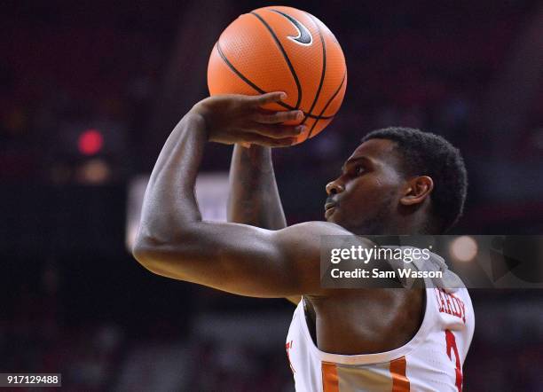 Amauri Hardy of the UNLV Rebels shoots against the Wyoming Cowboys during their game at the Thomas & Mack Center on February 10, 2018 in Las Vegas,...