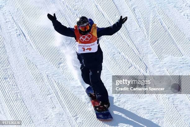 Aimee Fuller of Great Britain celebrates in the Snowboard Ladies' Slopestyle Final on day three of the PyeongChang 2018 Winter Olympic Games at...