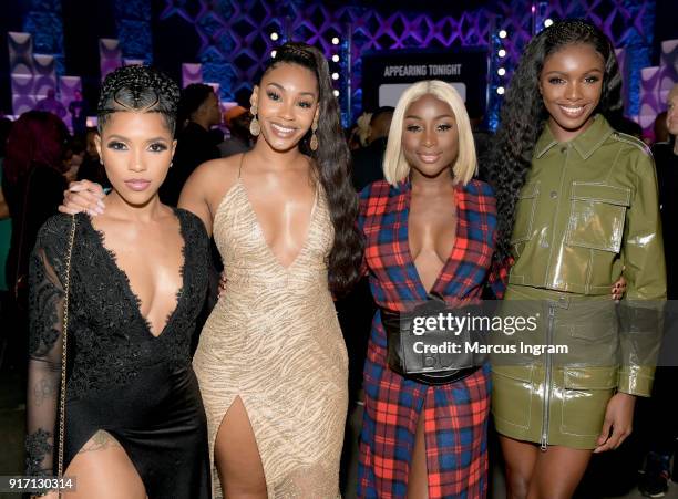 Jasmin Brown, Jasmine Luv, Sandra Lambeck, and Leomie Anderson attend BET's Social Awards 2018 at Tyler Perry Studio on February 11, 2018 in Atlanta,...