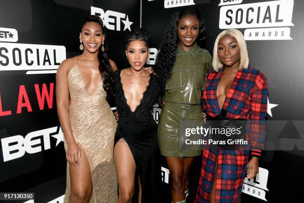Jasmine Luv, Jasmin Brown, Leomie Anderson and Sandra Lambeck attend BET's Social Awards 2018 at Tyler Perry Studio on February 11, 2018 in Atlanta,...