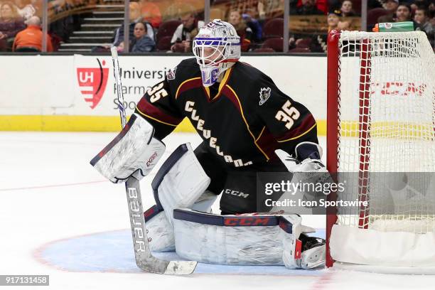 Cleveland Monsters goalie Matiss Kivlenieks in goal during the first period of the American Hockey League game between the Manitoba Moose and...