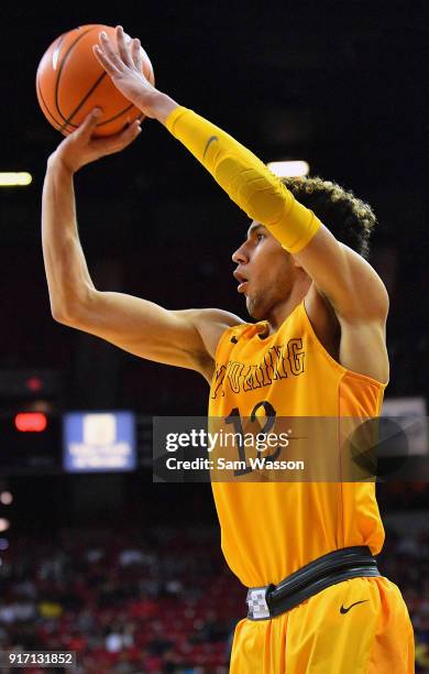 Hunter Maldonado of the Wyoming Cowboys shoots against the UNLV Rebels during their game at the Thomas & Mack Center on February 10, 2018 in Las...