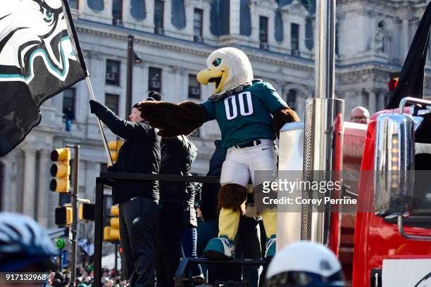 Swoop, the Philadelphia Eagles mascot, kicks off the parade during festivities on February 8, 2018 in Philadelphia, Pennsylvania. The city celebrated...