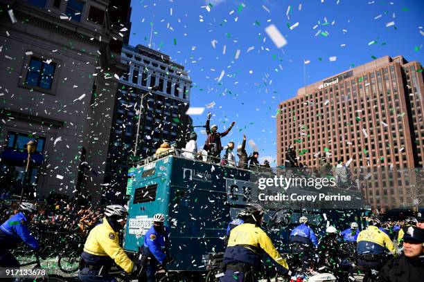 Philadelphia Eagles players riding a bus relish the celebration during festivities on February 8, 2018 in Philadelphia, Pennsylvania. The city...