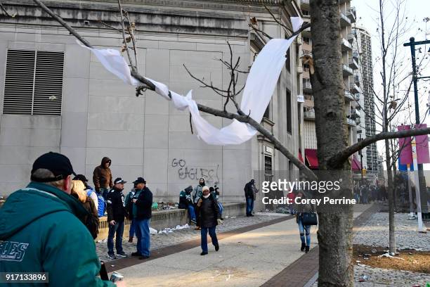 Eagles fans walk downtown after the parade concludes during festivities on February 8, 2018 in Philadelphia, Pennsylvania. The city celebrated the...