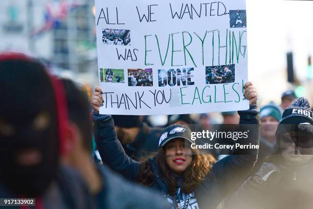 Eagles fans are shown downtown during festivities on February 8, 2018 in Philadelphia, Pennsylvania. The city celebrated the Philadelphia Eagles'...