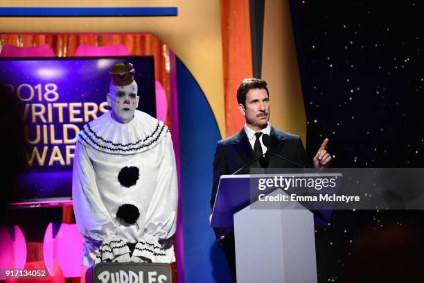 Puddles Pity Party and actor Dylan McDermott speak onstage during the 2018 Writers Guild Awards L.A. Ceremony at The Beverly Hilton Hotel on February...