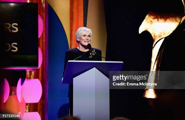 Glenn Close speaks onstage during the 2018 Writers Guild Awards L.A. Ceremony at The Beverly Hilton Hotel on February 11, 2018 in Beverly Hills,...