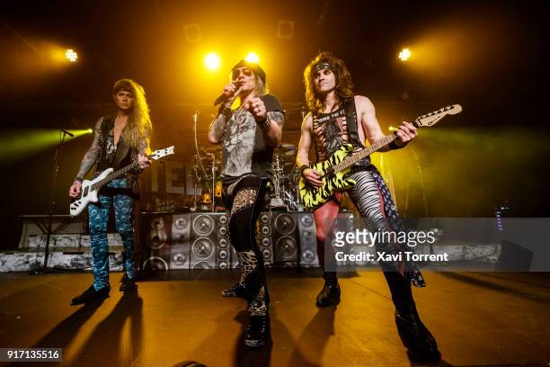 Lexxi Foxxx, Michael Starr and Satchel of Steel Panther perform in concert at Razzmatazz during Route Resurrection on February 11, 2018 in Barcelona,...