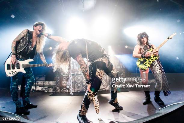 Lexxi Foxxx, Michael Starr and Satchel of Steel Panther perform in concert at Razzmatazz during Route Resurrection on February 11, 2018 in Barcelona,...