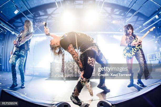 Lexxi Foxxx, Michael Starr and Satchel of Steel Panther perform in concert at Razzmatazz during Route Resurrection on February 11, 2018 in Barcelona,...