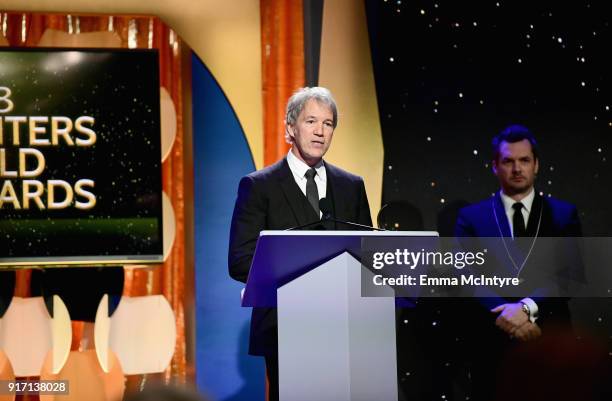 Writer-producer David E. Kelley accepts the Long Form Adapted award for 'Big Little Lies' onstage during the 2018 Writers Guild Awards L.A. Ceremony...