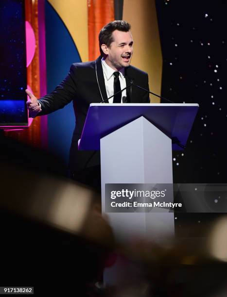 Jim Jefferies speaks onstage during the 2018 Writers Guild Awards L.A. Ceremony at The Beverly Hilton Hotel on February 11, 2018 in Beverly Hills,...