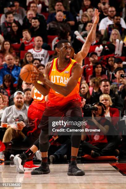 Ekpe Udoh of the Utah Jazz handles the ball against the Portland Trail Blazers on February 11, 2018 at the Moda Center in Portland, Oregon. NOTE TO...