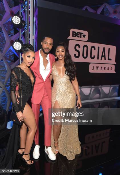 Jasmine Brown , Kendall Kyndall, and Jasmin Brown attend BET's Social Awards 2018 at Tyler Perry Studio on February 11, 2018 in Atlanta, Georgia.